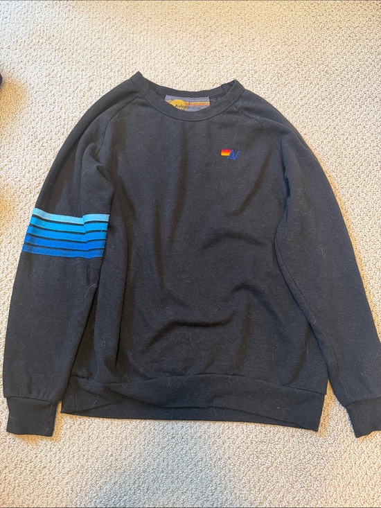 Aviator Nation Sweaters - Aviator Nation Black Crewneck Sweatshirt with Blue Sleeve Stripes